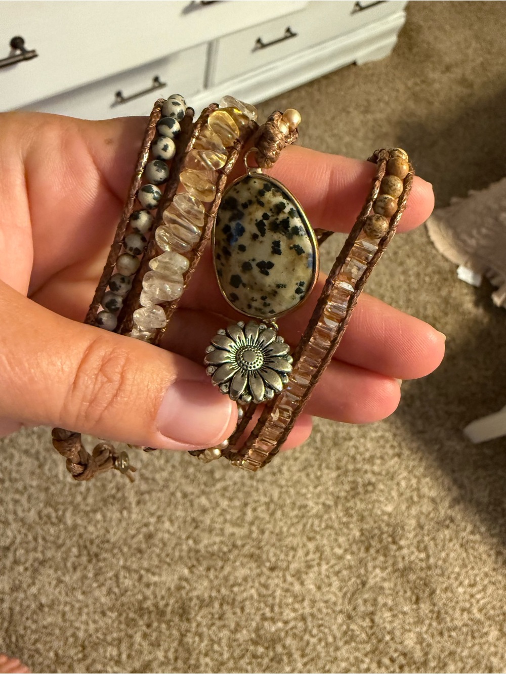 Boho Multi-Strand Natural Stone Wrap Bracelet in Brown and Cream